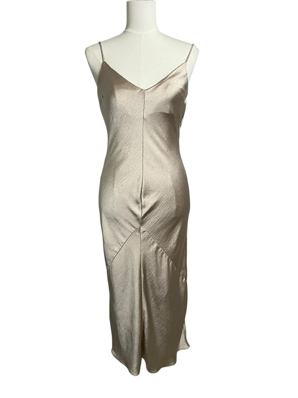 Line & Dot Slip Dress XS Beige Satin Midi Spaghetti Strap Formal 20s 30s Wedding